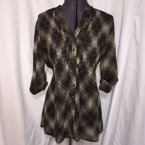 Sheer, plaid tunic with ruffled bodice.